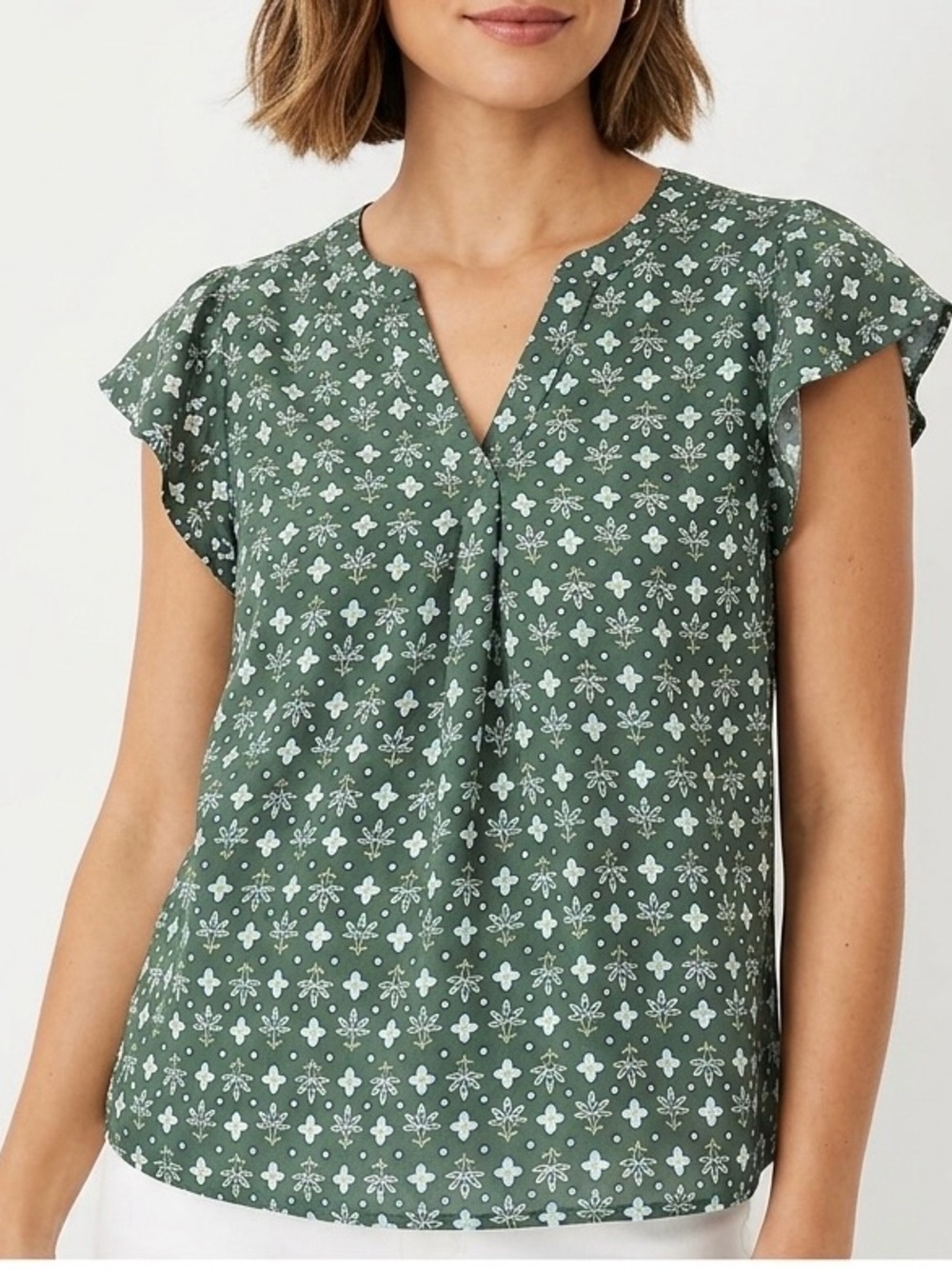 LOFT Green Printed Split-Neck Flutter Sleeve Blouse